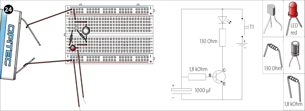 кондензатор 1000 µF, транзистор и светодиод